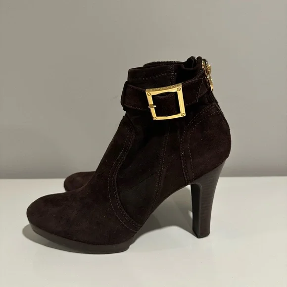 Tory Burch Chic Brown and Gold Heeled Boots with Suede Finish - Picture 3 of 5